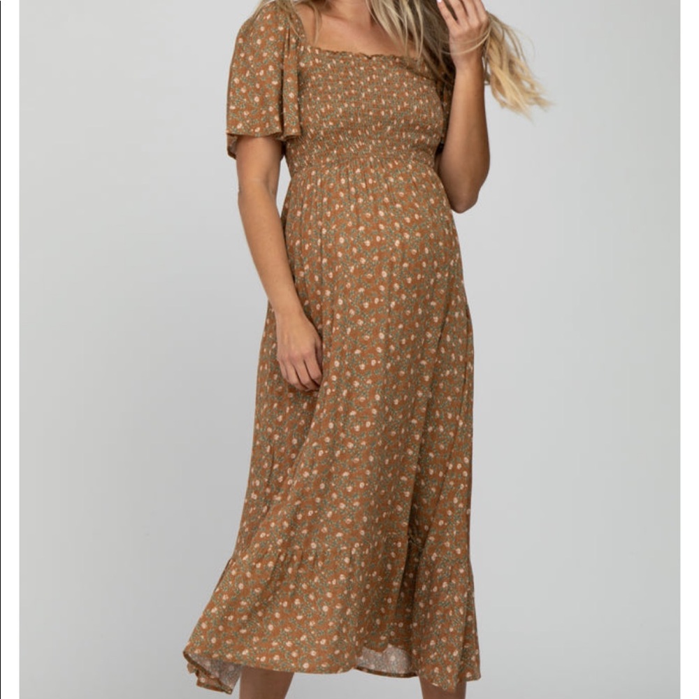 Camel Floral Smocked Square Neck Maternity Midi Dress